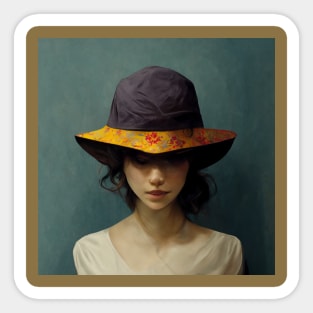 Peeking from beneath the brim, this shy  girl has a wonderful hat. Sticker